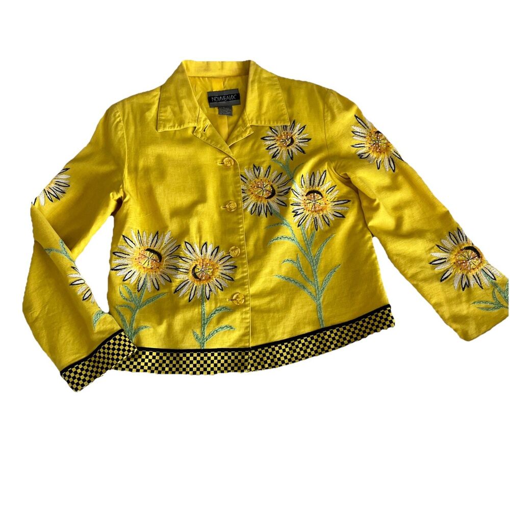Nouveaux Vtg 90s Sunflower Jacket Embroidered Beaded Yellow Daisy Floral Size 10